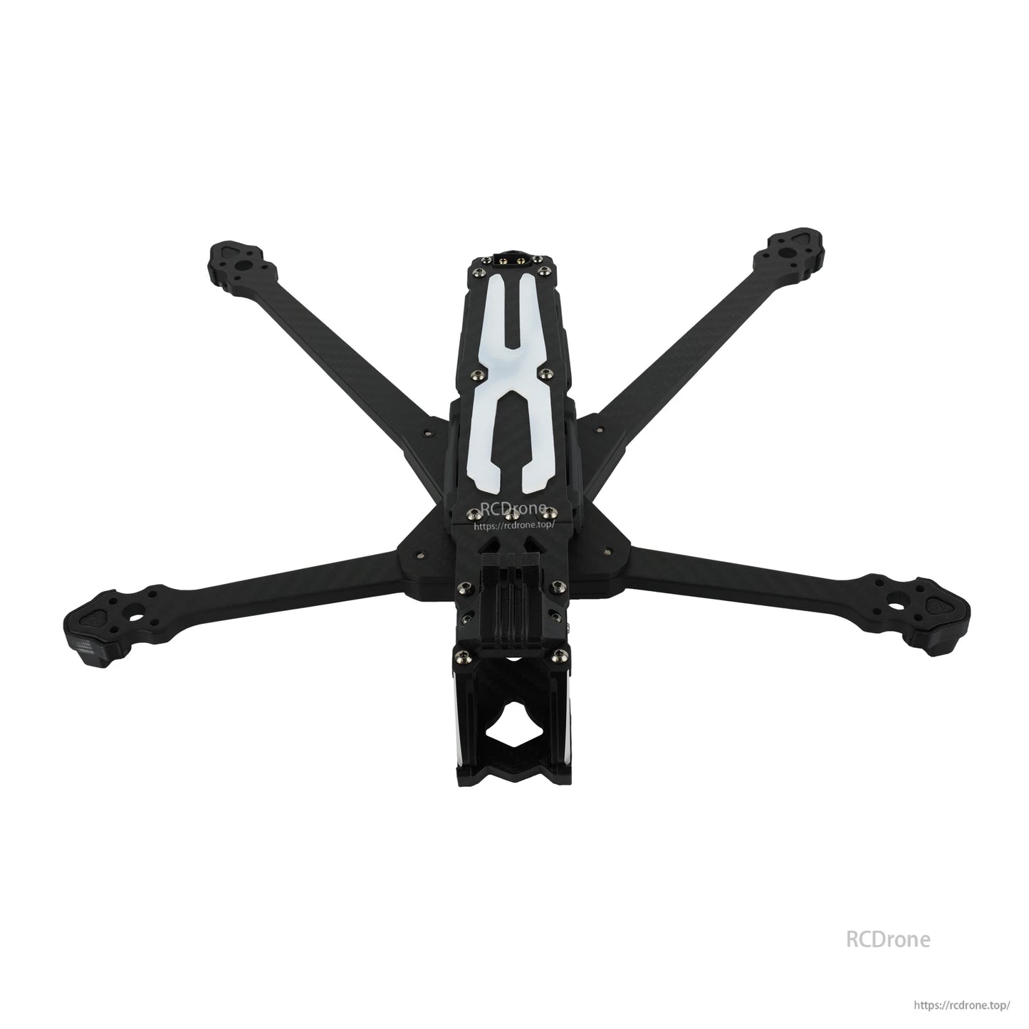 DeepSpace ROC 7 Carbon Fiber FPV Frame, DeepSpace ROC 7 carbon fiber FPV quad frame with four arms, central top plate, and front camera mount cage