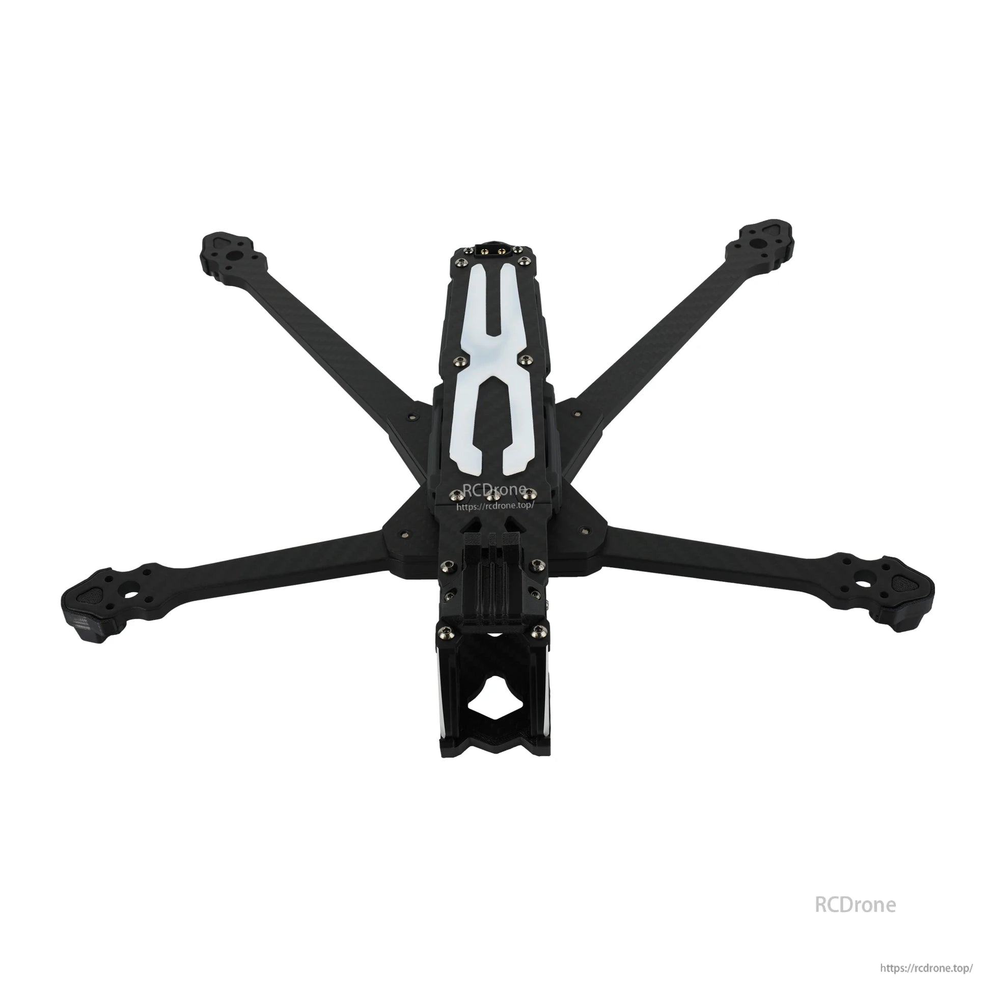 DeepSpace ROC 7 Carbon Fiber FPV Frame, DeepSpace ROC 7 carbon fiber FPV quad frame with four arms, central top plate, and front camera mount cage