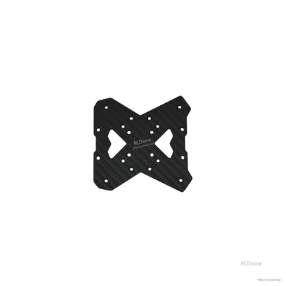 Carbon fiber FPV drone frame plate with multiple mounting holes and cutouts, RCDrone logo