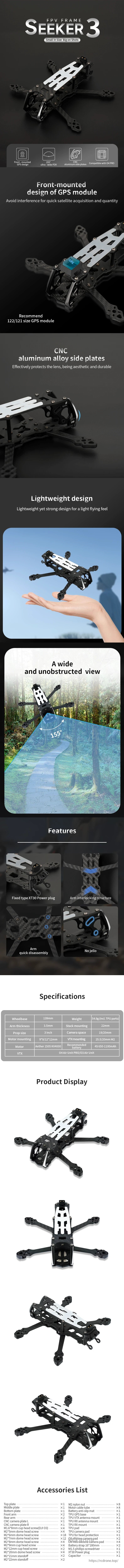 DeepSpace SEEKER 3 / 3 inch FPV freestyle Frame Kit DC/XL for DJI O4 PRO O3 AIR UNIT