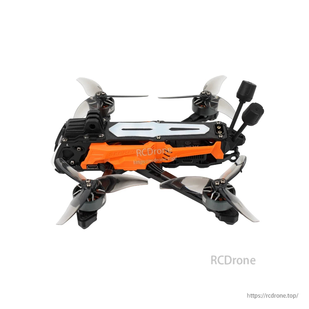 DeepSpace SEEKER35 FPV, DeepSpace SEEKER35 3.5inch Freestyle FPV, DeepSpace SEEKER35 3.5-inch freestyle FPV quadcopter with four props, orange side frame, and dual antennas