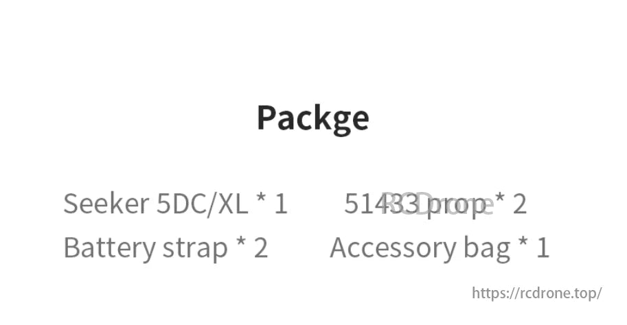 Seeker 5DC/XL components include 51433 props (2), battery straps (2), accessory bag, and DeepSpace SEEKER5 6S 5-Inch Freestyle FPV details.