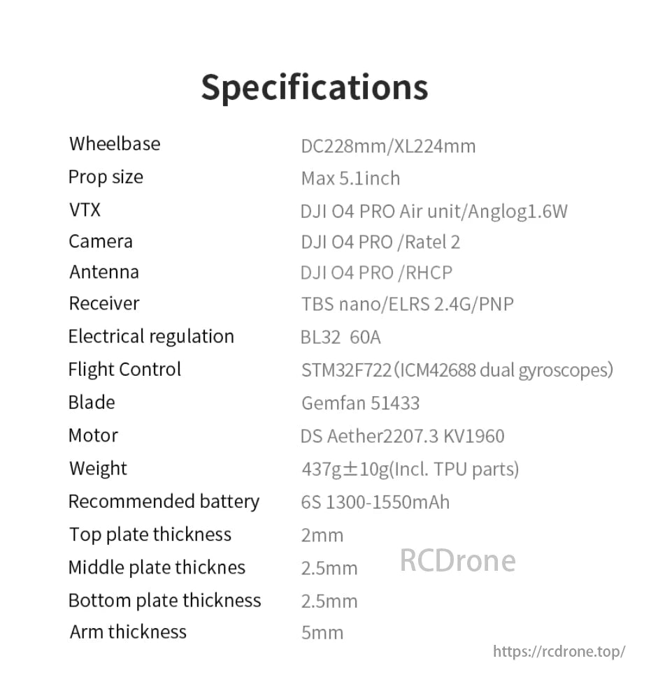 DeepSpace SEEKER5 6S 5-Inch Freestyle FPV, DeepSpace SEEKER5 6S: 228/224mm wheelbase, 5.1-inch props, DJI O4 PRO, STM32F722 FC, Gemfan blades, DS Aether motors, 437g, 6S 1300-1550mAh battery.