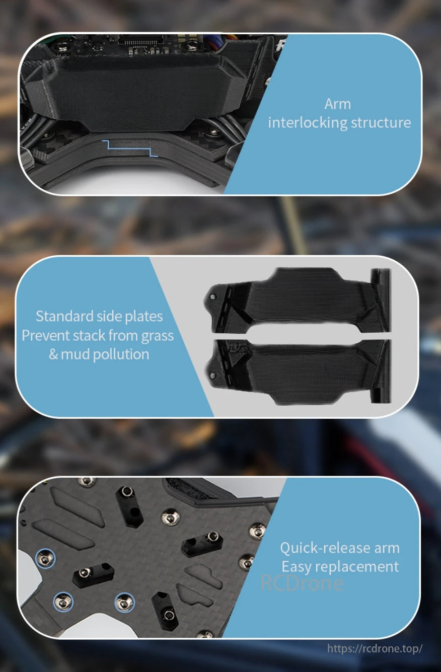 DeepSpace SEEKER5 6S 5-Inch Freestyle FPV, DeepSpace SEEKER5 6S features an arm interlocking structure, standard side plates, and quick-release arms for easy replacement.