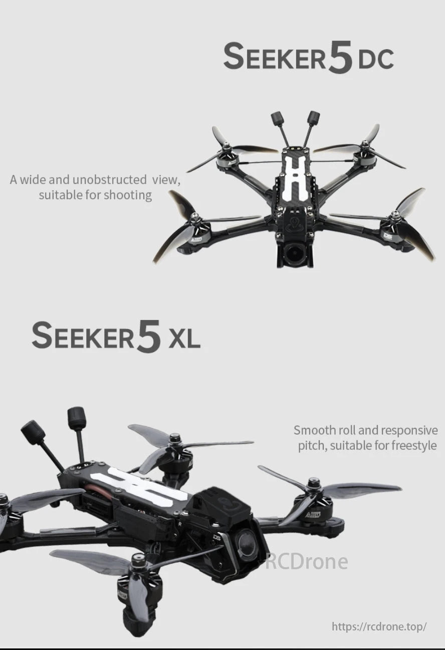 DeepSpace SEEKER5 6S 5-Inch Freestyle FPV, Seeker5 DC and XL drones offer wide views and smooth, responsive control.