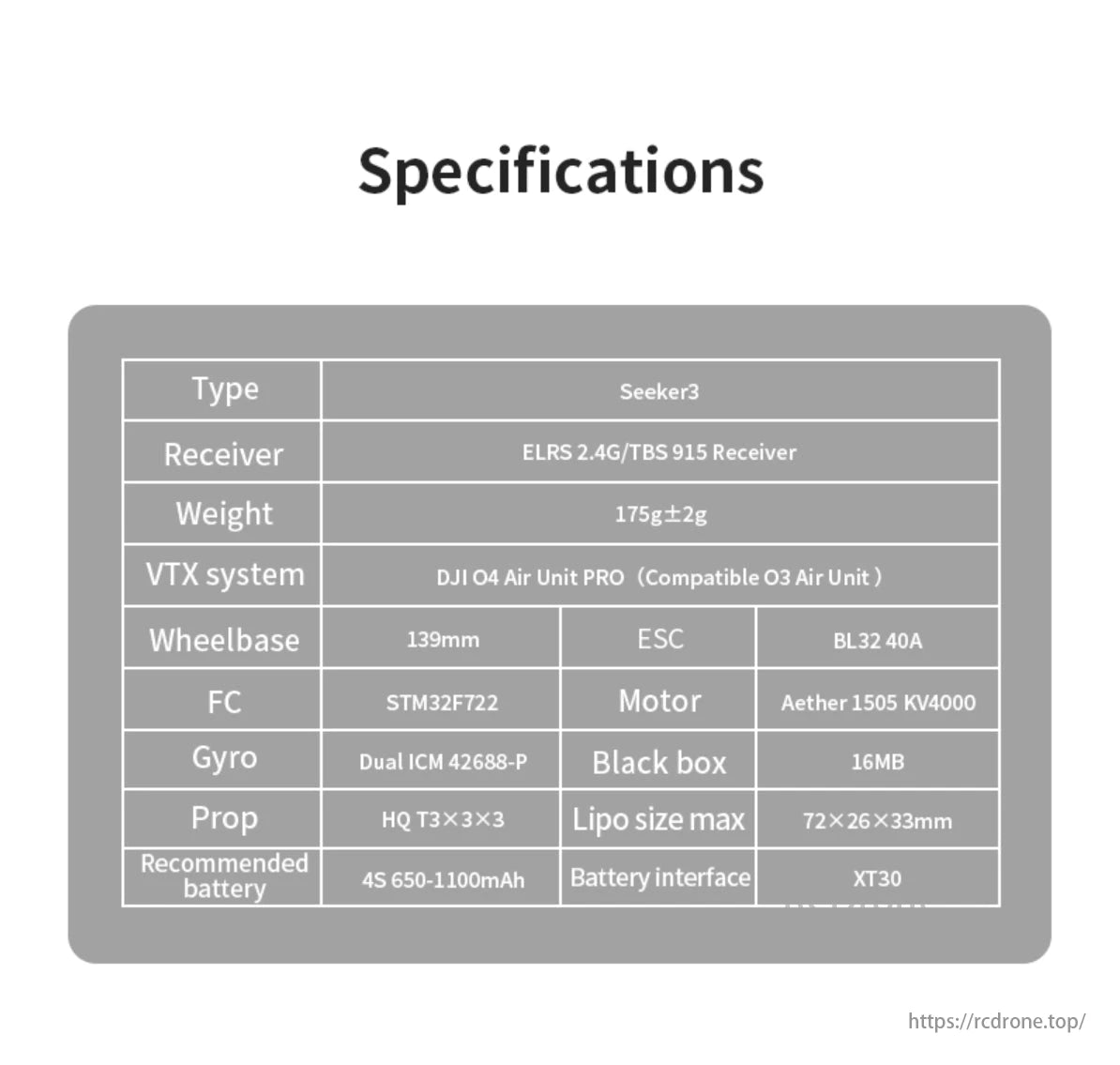 DeepSpace Seeker3 4S 3-Inch Freestyle FPV, DeepSpace Seeker3: 3-inch FPV drone with ELRS/TBS receiver, DJI O4 VTX, STM32F722 FC, Aether motors, HQ props, 4S battery, XT30 interface.
