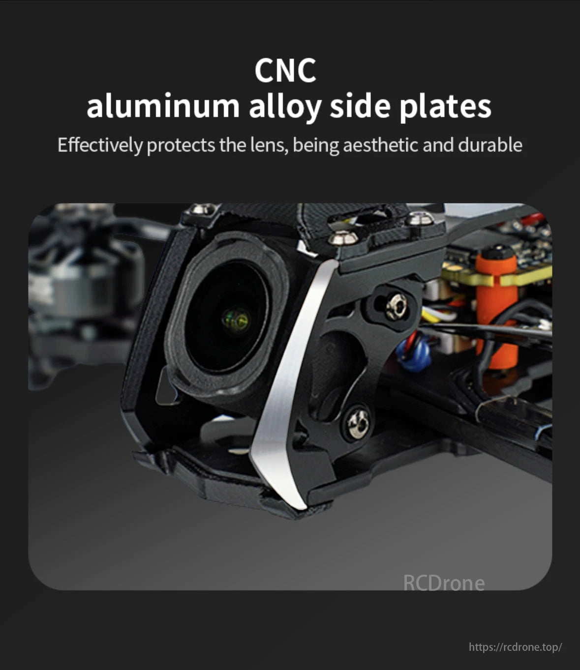DeepSpace Seeker3 4S 3-Inch Freestyle FPV, CNC aluminum alloy side plates protect lens, ensuring durability and aesthetic appeal.