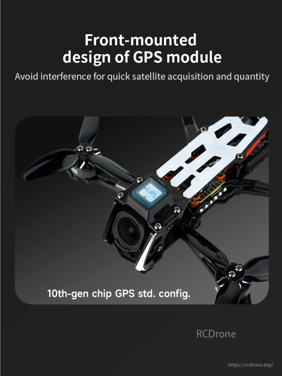 DeepSpace Seeker3 4S 3-Inch Freestyle FPV, Front-mounted GPS module avoids interference for quick satellite acquisition.