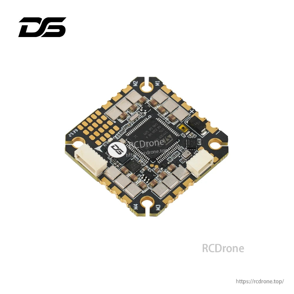 DeepSpace TALOS F722AIO flight controller PCB with labeled M1–M4 pads and two white plug connectors