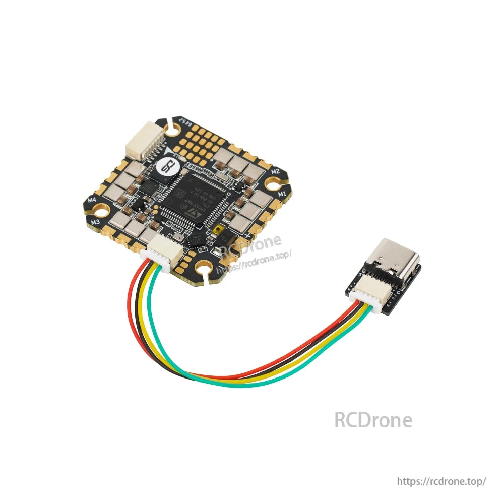 DeepSpace TALOS F722AIO Flight Controller, DeepSpace TALOS flight controller AIO board with motor pads (M1–M4) and USB-C breakout connected by a 4-wire cable