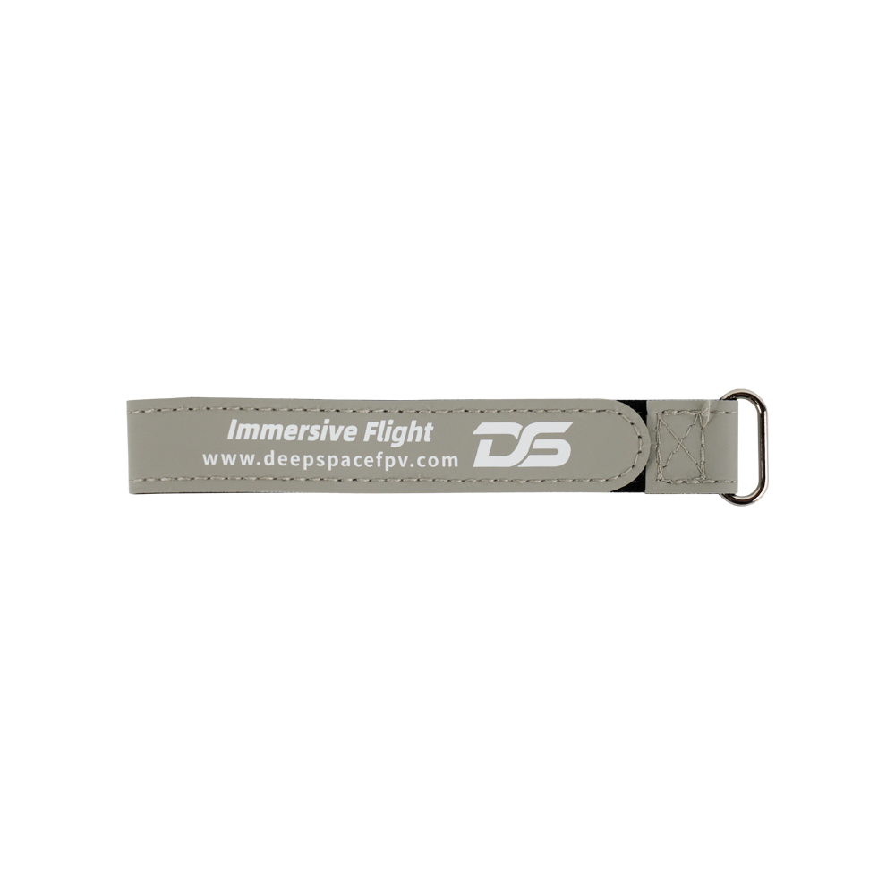 DeepSpace 20 x 250mm nylon LiPo battery strap with metal buckle, grey finish and DeepSpaceFPV logo print
