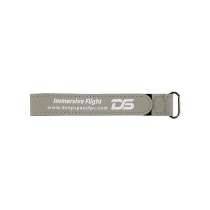 DeepSpace 20 x 250mm nylon LiPo battery strap with metal buckle, grey finish and DeepSpaceFPV logo print