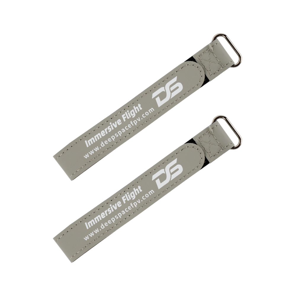 Pair of DeepSpace 20 x 250mm nylon LiPo battery straps with metal buckles, grey with DS branding