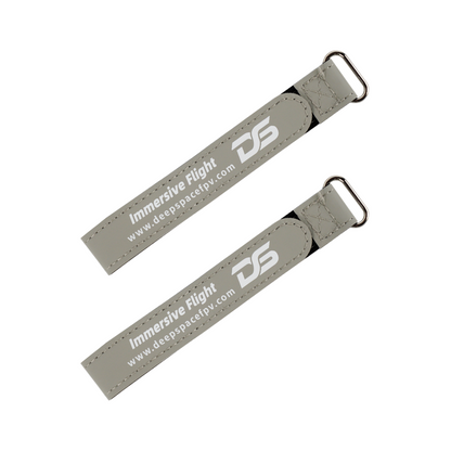 Pair of DeepSpace 20 x 250mm nylon LiPo battery straps with metal buckles, grey with DS branding