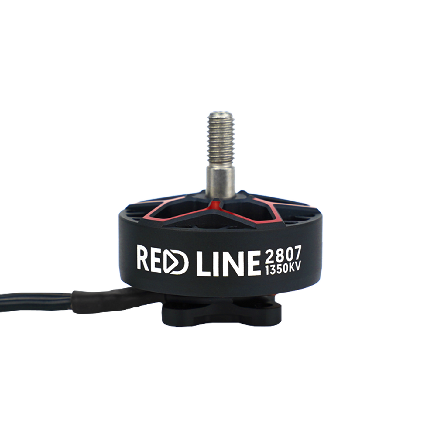 DeepSpace RED LINE 2807 1350KV brushless motor with threaded shaft, black can and red accents, and lead wires