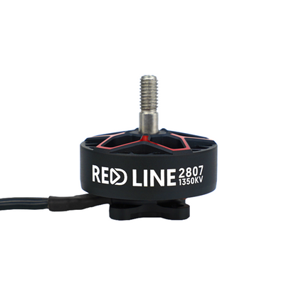 DeepSpace RED LINE 2807 1350KV brushless motor with threaded shaft, black can and red accents, and lead wires