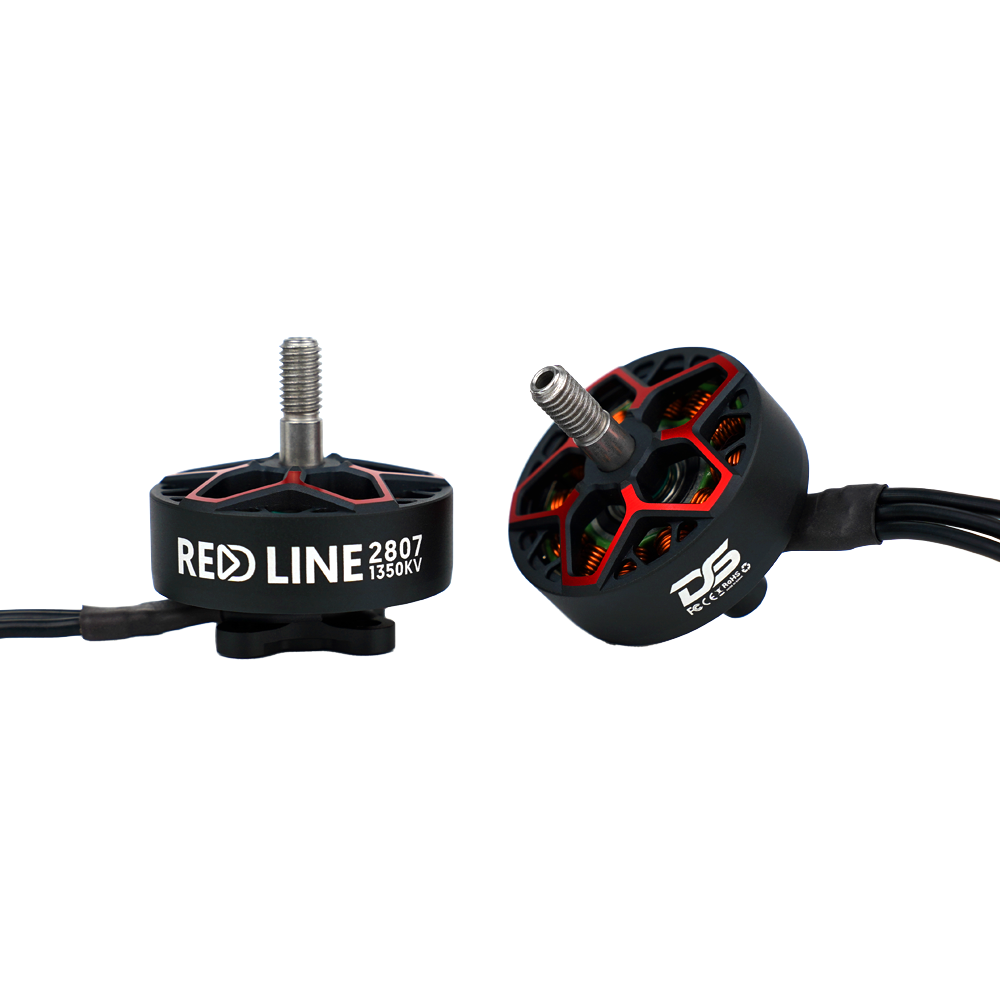DeepSpace RED LINE 2807 1350KV brushless motor with threaded prop shaft, red accents, and attached wires