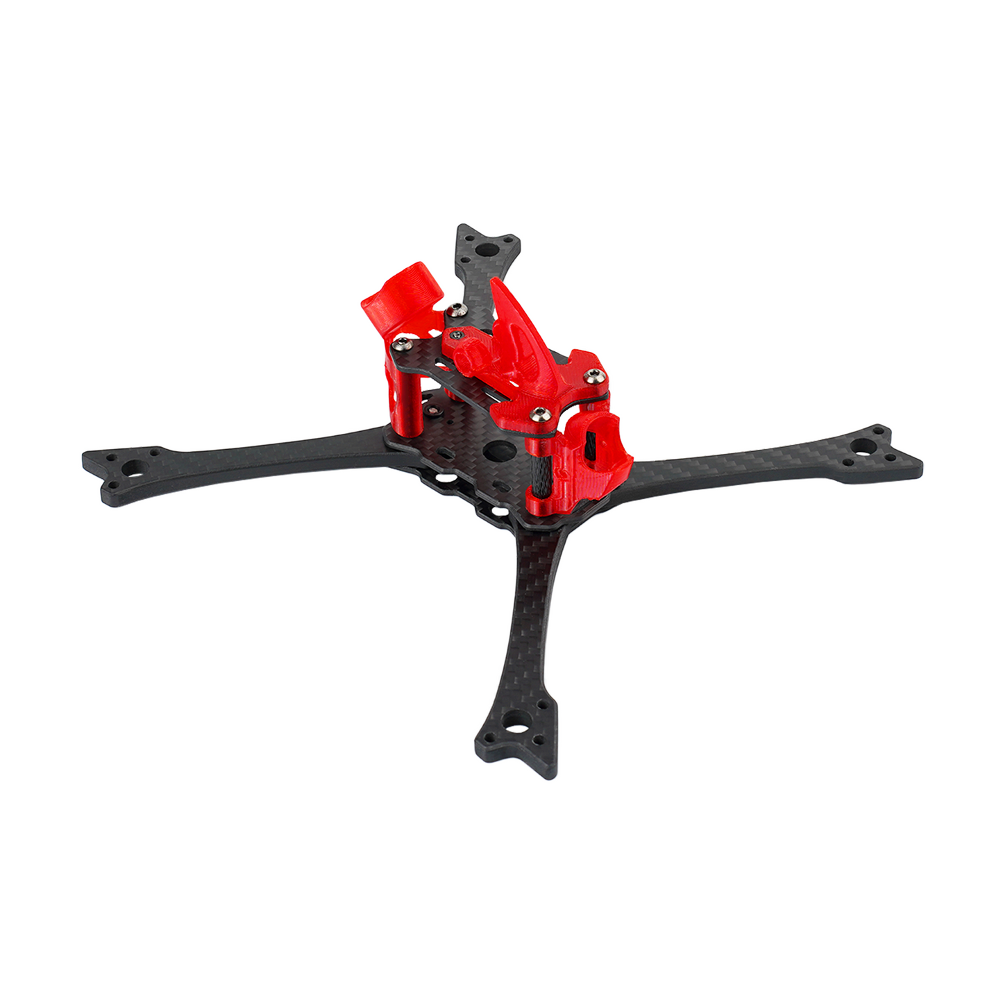 Carbon fiber FPV racing drone frame kit with four arms and red 3D-printed camera mount and standoffs