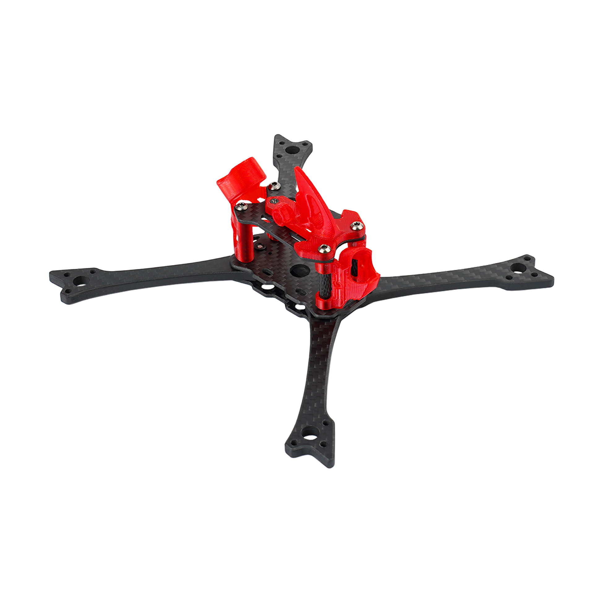 Carbon fiber FPV racing drone frame kit with four arms and red 3D-printed camera mount and standoffs