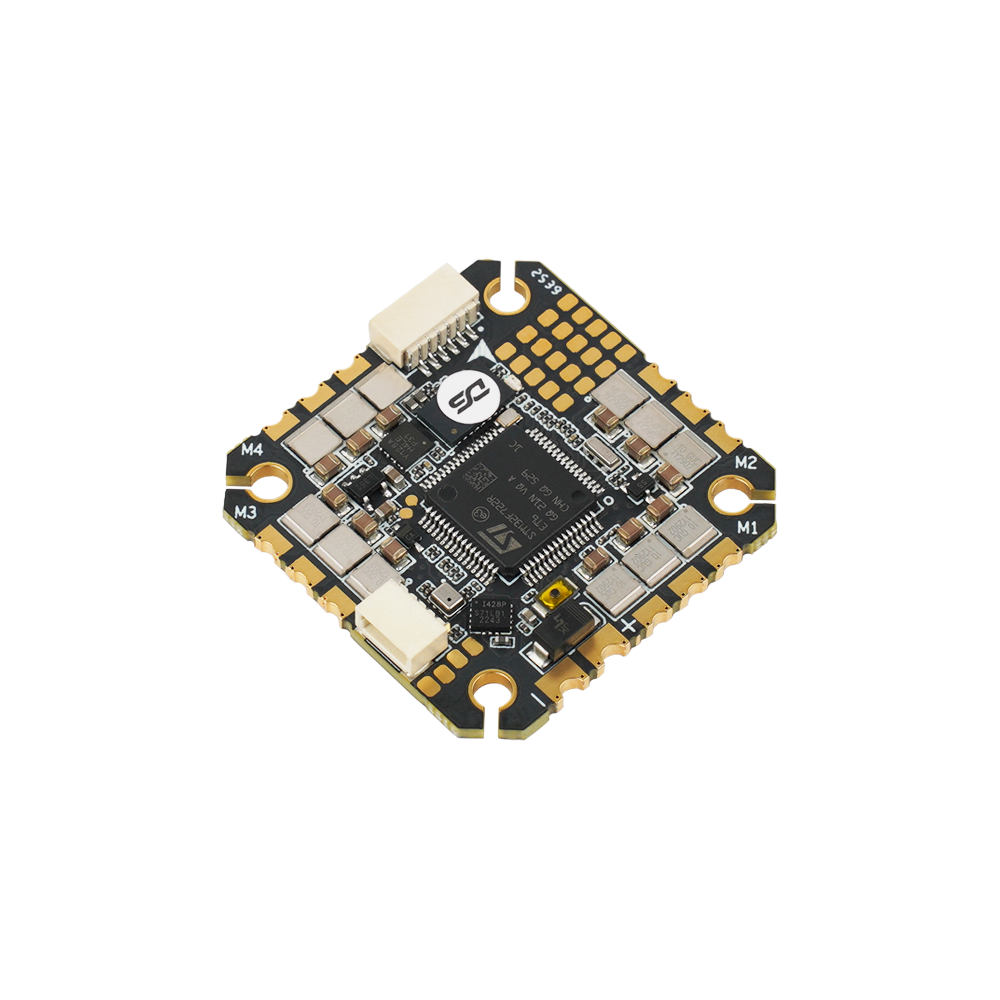 DeepSpace TALOS F722AIO flight controller board with M1–M4 motor pads, edge solder pads, and plug connectors