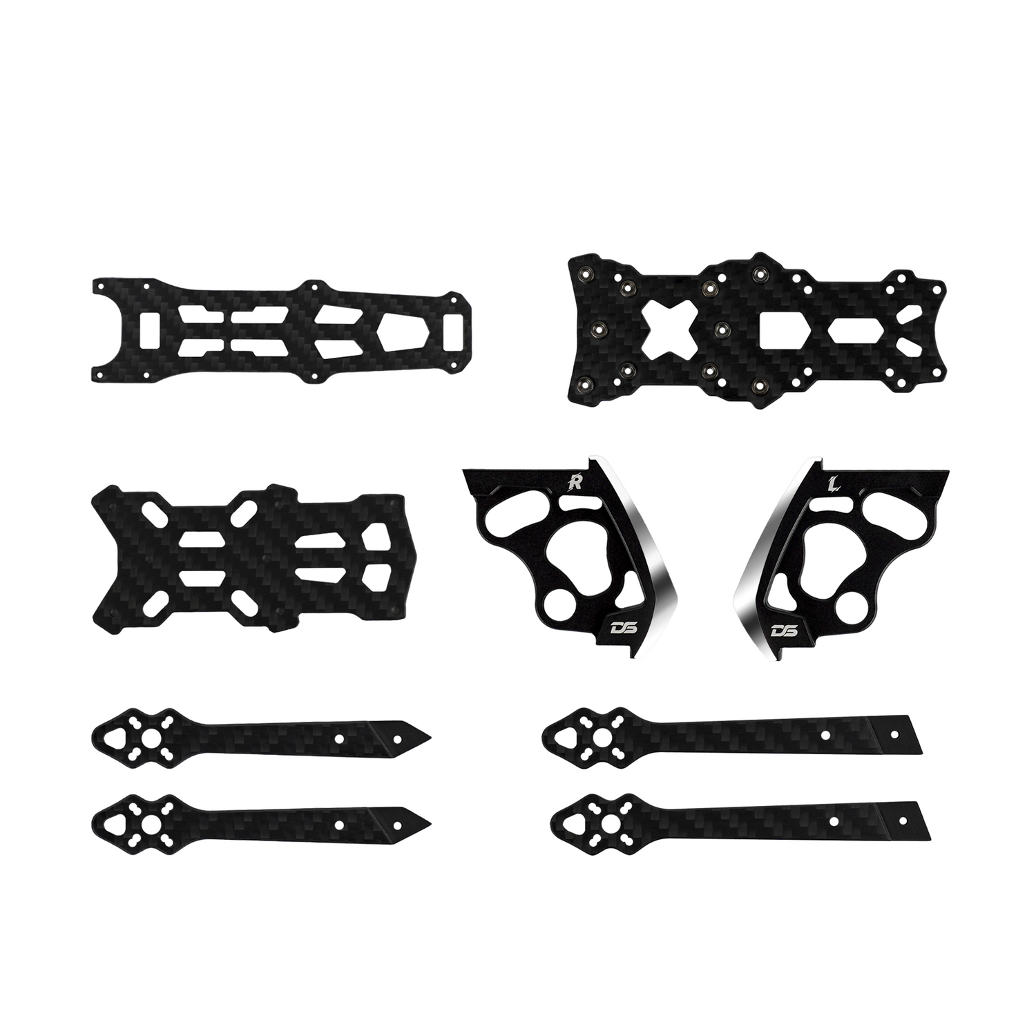 DeepSpace SEEKER 3 O4Pro FPV frame carbon fiber parts kit with top and bottom plates, four arms, and side plates