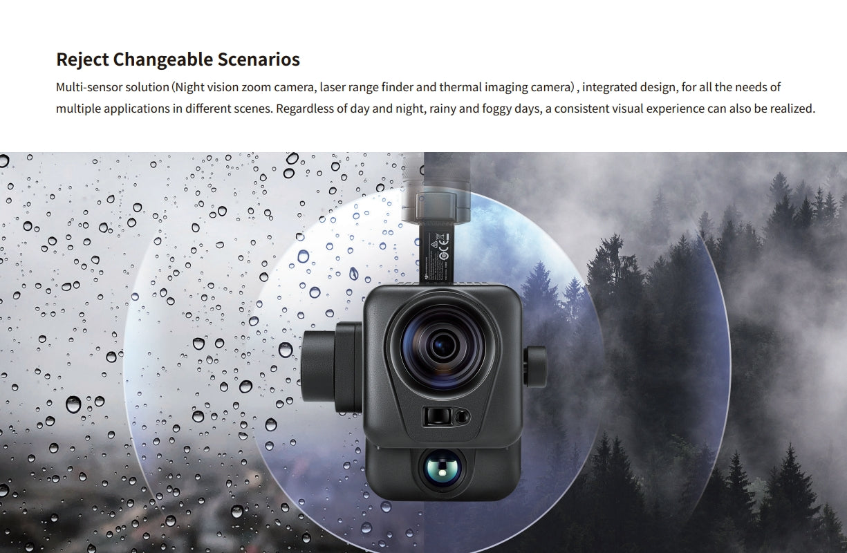 The Deepthink S3 Tri-Sensor Drone Gimbal features a multi-sensor solution with night vision, zoom camera, laser range finder, and thermal imaging.