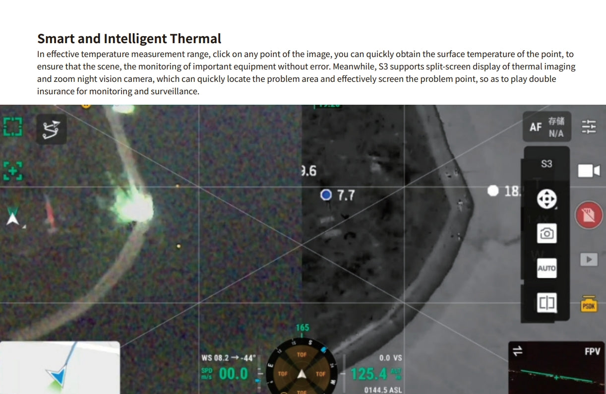 The Deepthink S3 Tri-Sensor Drone Gimbal offers intelligent temperature measurement, accurate scene monitoring, and rapid location of issue areas.