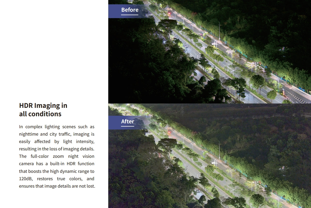 Deepthink S3 Tri-Sensor Drone Gimbal, Before HDR imaging, nighttime and city traffic scenes were affected by light intensity, losing detail; this camera features a 120dB HDR function to restore true colors.