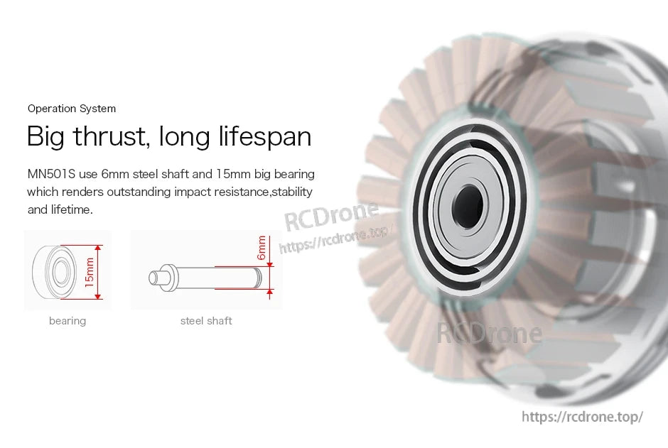 Diagram of T-Motor MN501S motor internals showing 6mm steel shaft and 15mm bearing dimensions