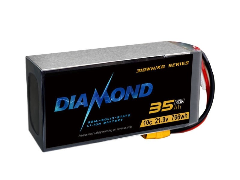 Diamond battery has 21.9V voltage, 6S cells, and 35,000mAh capacity with 10C discharge rate, suitable for semi-solid state Li-ion applications.