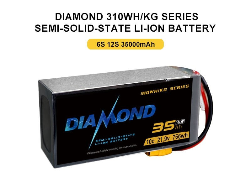 Diamond battery features 21.9V voltage, 6 series cells, 35,000mAh capacity, and 10C discharge rate for semi-solid state Li-ion technology.