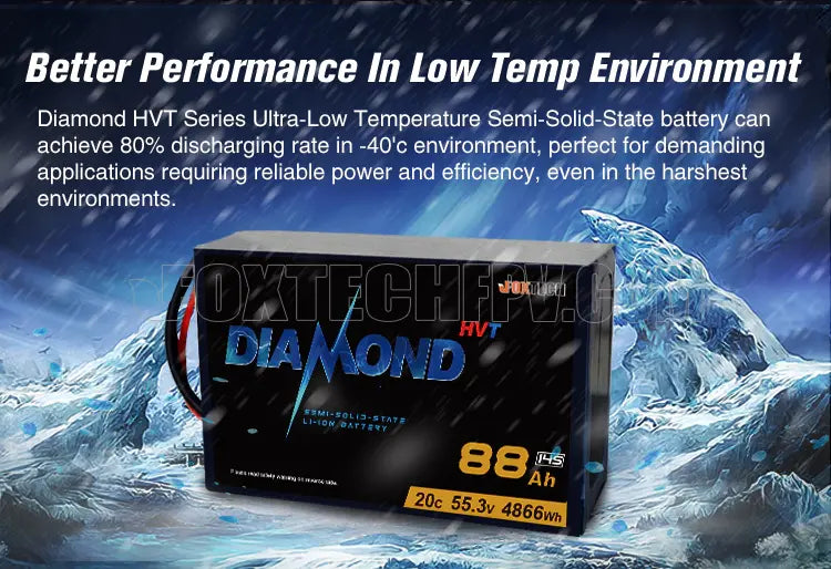 Diamond HVT 18S Li-ion Drone Battery, A semi-solid-state battery achieves an 80% discharging rate in a 40°C environment, perfect for demanding applications requiring reliable power and efficiency.