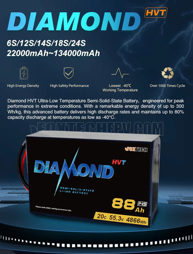 The Diamond HVT 12S battery offers exceptional performance in extreme conditions with high discharge rates and low temperature tolerance.