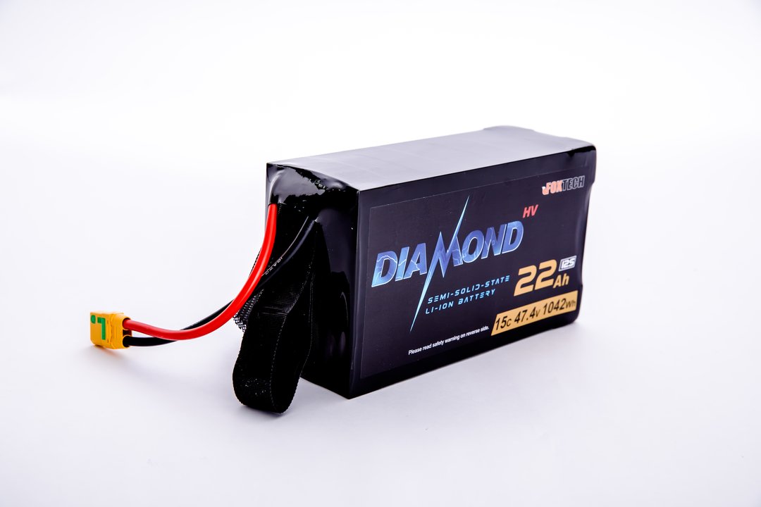 Diameter HVT 12S lithium-ion battery designed for drones, featuring ultra-low temperature performance and capacities ranging from 22Ah to 88Ah.