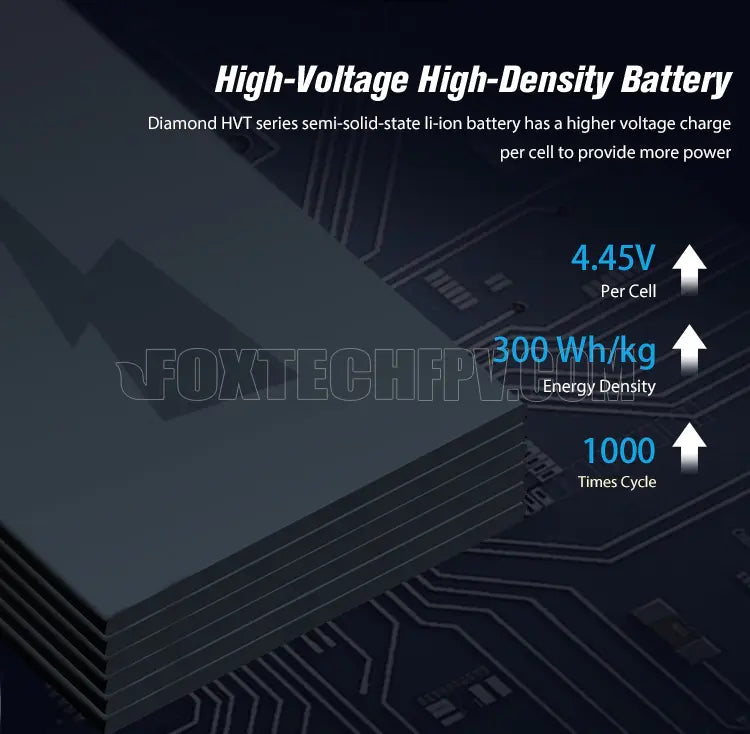 Diamond HVT 14S Li-ion Battery, Semi-solid-state Li-ion battery features higher voltage per cell, providing more power, with energy density of 300 Wh/lkg and cycle life up to 1000 times.