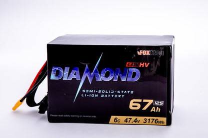 Diamond HVT battery for drones with specs: 24S, 106.8V, and capacities ranging from 22Ah to 134Ah.