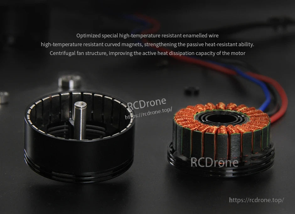 Disassembled T-Motor brushless motor showing rotor bell, curved magnets, and copper stator windings