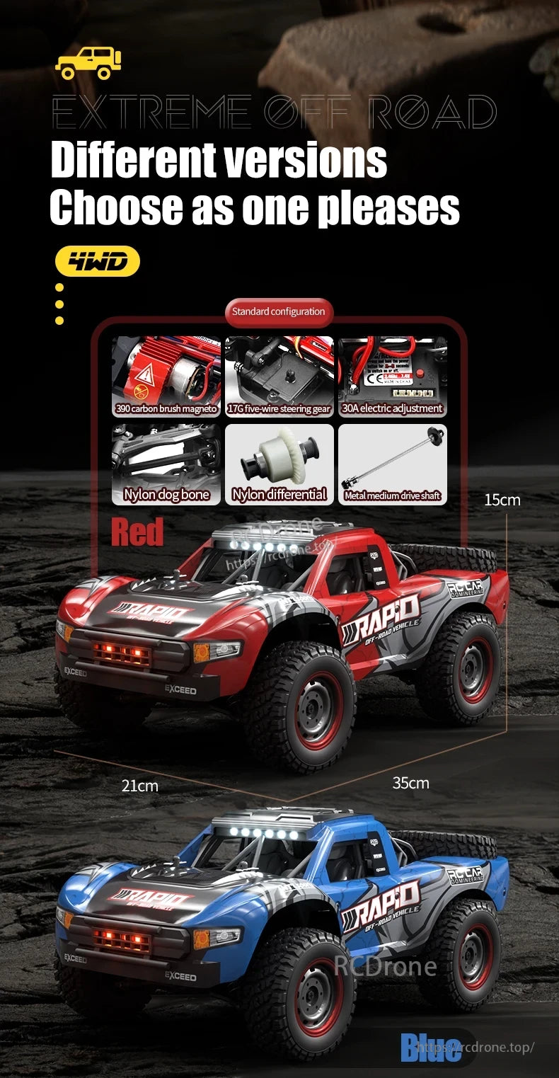 Dishuo Q130 RC Truck, High-performance 4WD RC truck in red or blue, featuring durable components and standard configuration. Dimensions: 35x21x15cm. Brands: RAPID, EXCEED, RC CAR. Choose your version.