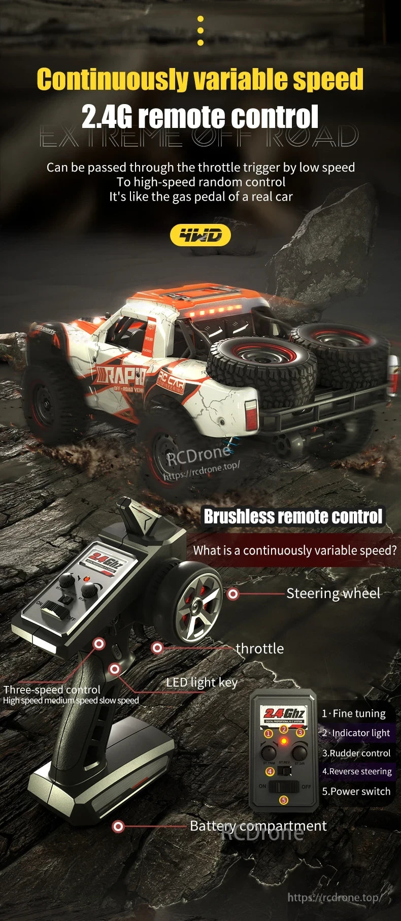 Dishuo Q130 RC Truck, This 4WD brushless drone features 2.4G remote control with steering wheel, throttle, speed settings, LED lights, and fine tuning for precise, durable off-road performance.