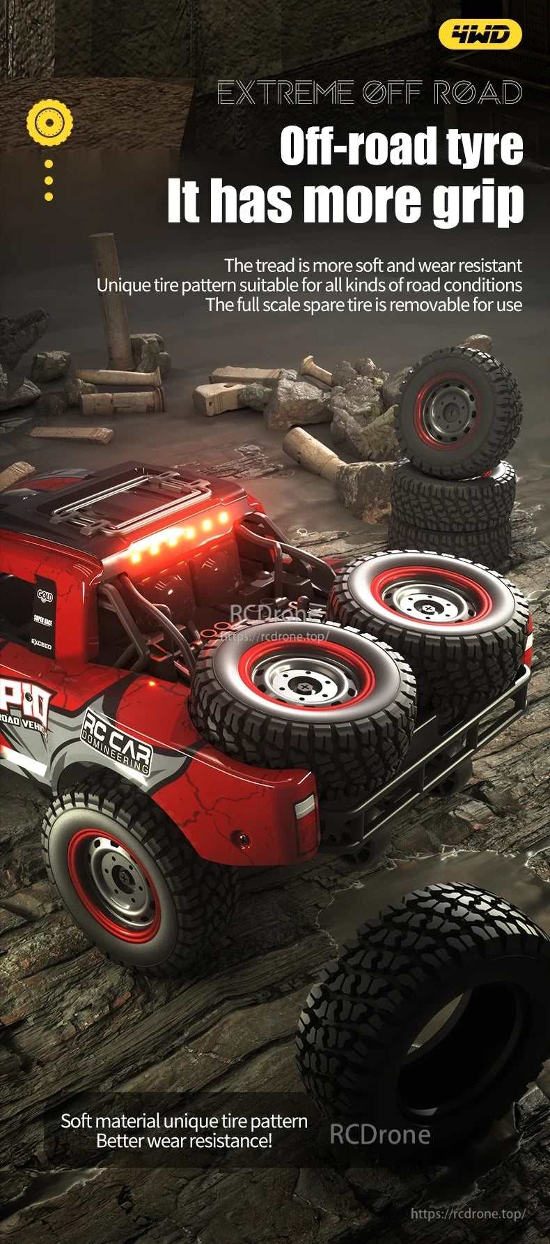 Dishuo Q130 RC Truck, 4WD off-road RC truck with durable tires, unique tread, spare tire, and superior grip for all terrains.