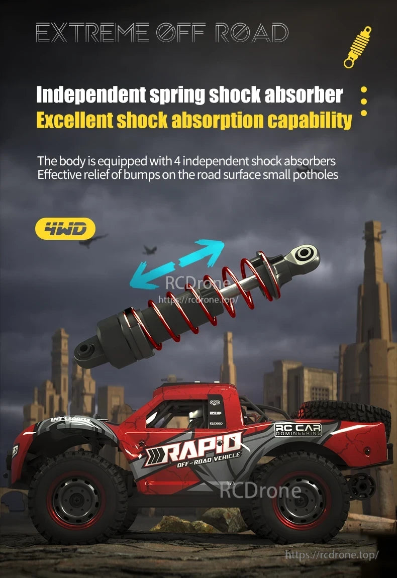 Dishuo Q130 RC Truck, Red and black 4WD RC truck with independent spring shocks, labeled "RAPID OFF-ROAD VEHICLE" and "RC CAR DOMINEERING," built for extreme off-road performance.