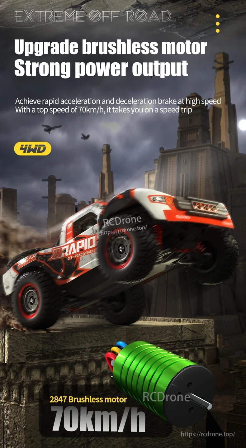 Dishuo Q130 RC Truck, High-performance off-road RC truck with 4WD, brushless 2847 motor, reaching 70km/h, featuring rapid acceleration, strong power, and quick braking for extreme terrain.