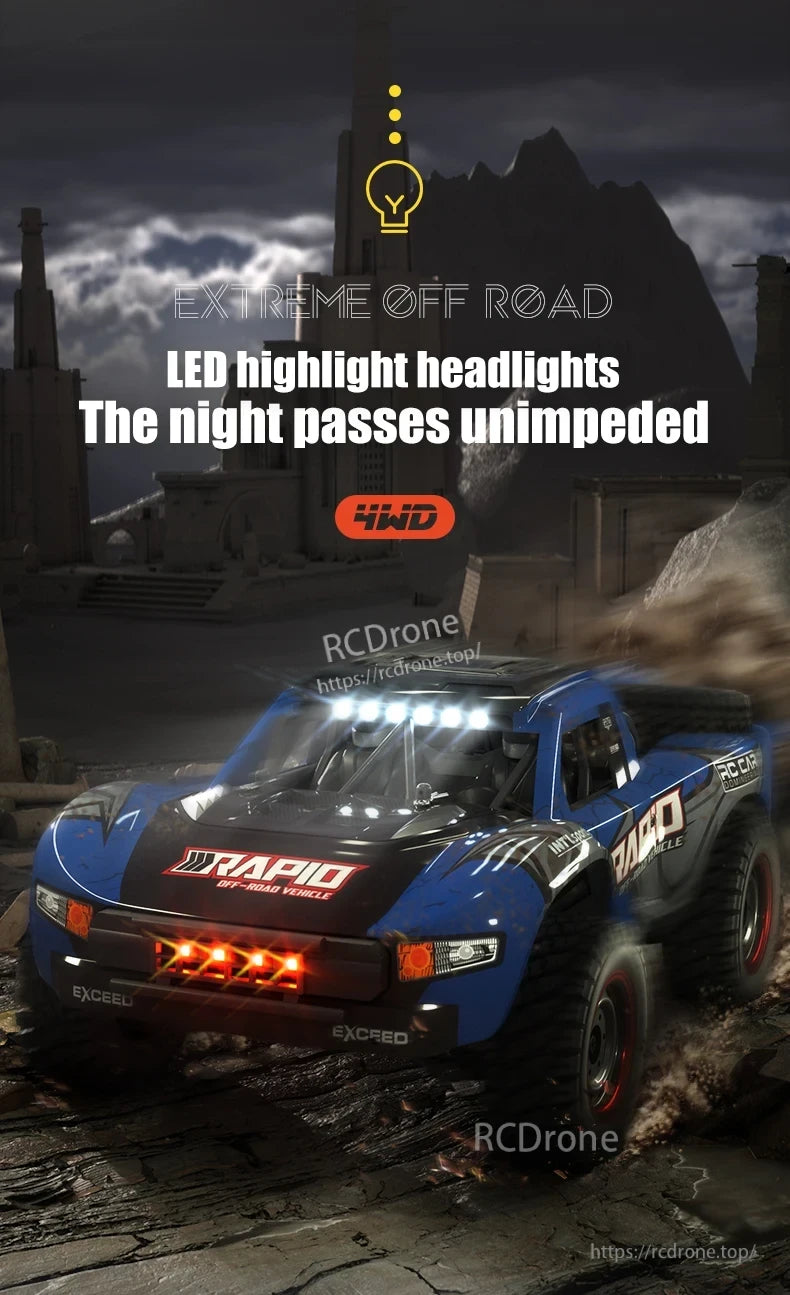 Dishuo Q130 RC Truck, Rugged 4WD RC truck with LED headlights, RAPID branding, built for extreme off-road night driving adventures.