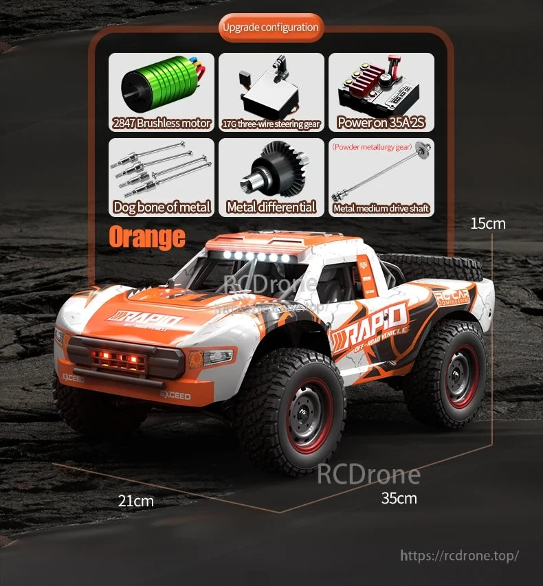 Dishuo Q130 RC Truck, Orange RC truck features a 2847 brushless motor, 17G steering gear, 35A2S power system, metal differential, dog bones, drive shaft; measures 35x21x15cm.