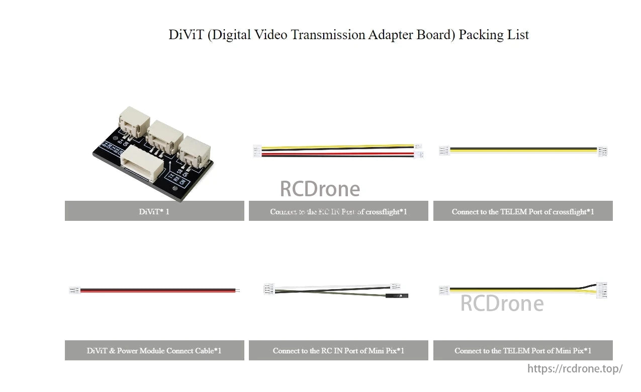 The DiViT HD Adapter package includes the DiViT board, RC IN and TELEM cables for crossflight and Mini Pix, and a power module cable.