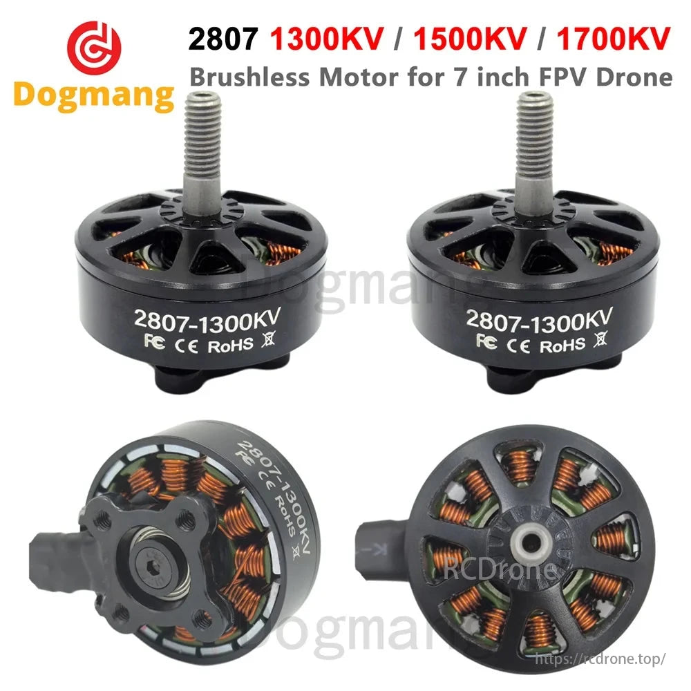 Dogmang 2807 Series Brushless Motor, Dogmang 2807 brushless motors for 6-7 inch FPV drones, 1300-1700 KV, 2-6S LiPo, 4 mm shaft, perfect for freestyle and long-range flights.