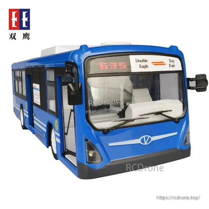 Double E 1:14 scale RC bus with auto-opening doors, sound, and light, measures 33.5cm long, ready-to-run toy model.