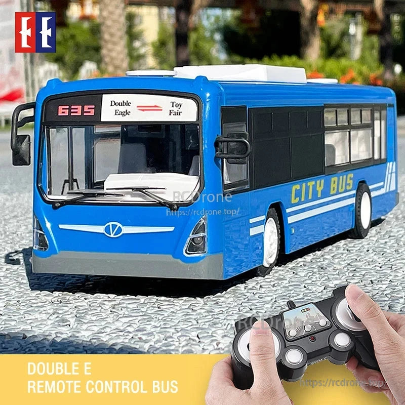 1:14 scale RC bus with 6-channel 2.4G control, auto-opening doors, sound, lights, and ready-to-run features in a 33.5 cm model.