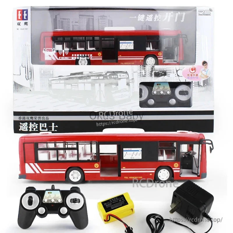 Double E 6-channel RC bus model at 1:14 scale, featuring 2.4G remote control, automatic doors, and realistic sound and light effects for enhanced play experience.