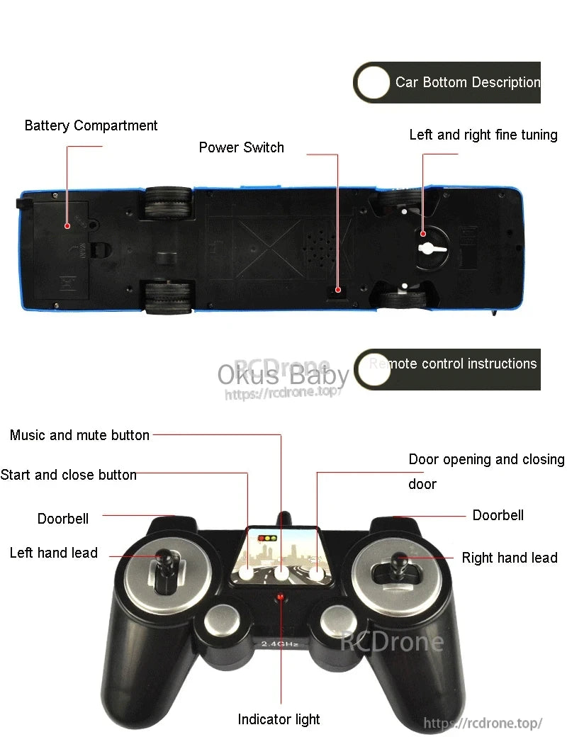 Double E 6Ch RC Bus, RC bus features battery compartment, power switch, fine tuning, remote control with music, doorbell, and indicator light for enhanced functionality and entertainment.